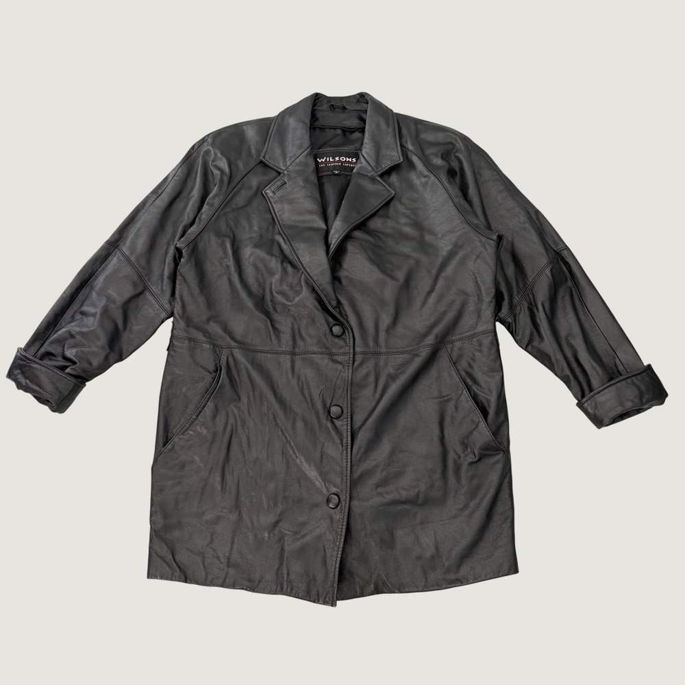 Vintage Leather Car Coat Retro Trench Jacket 100% Leather Wilsons Black Medium